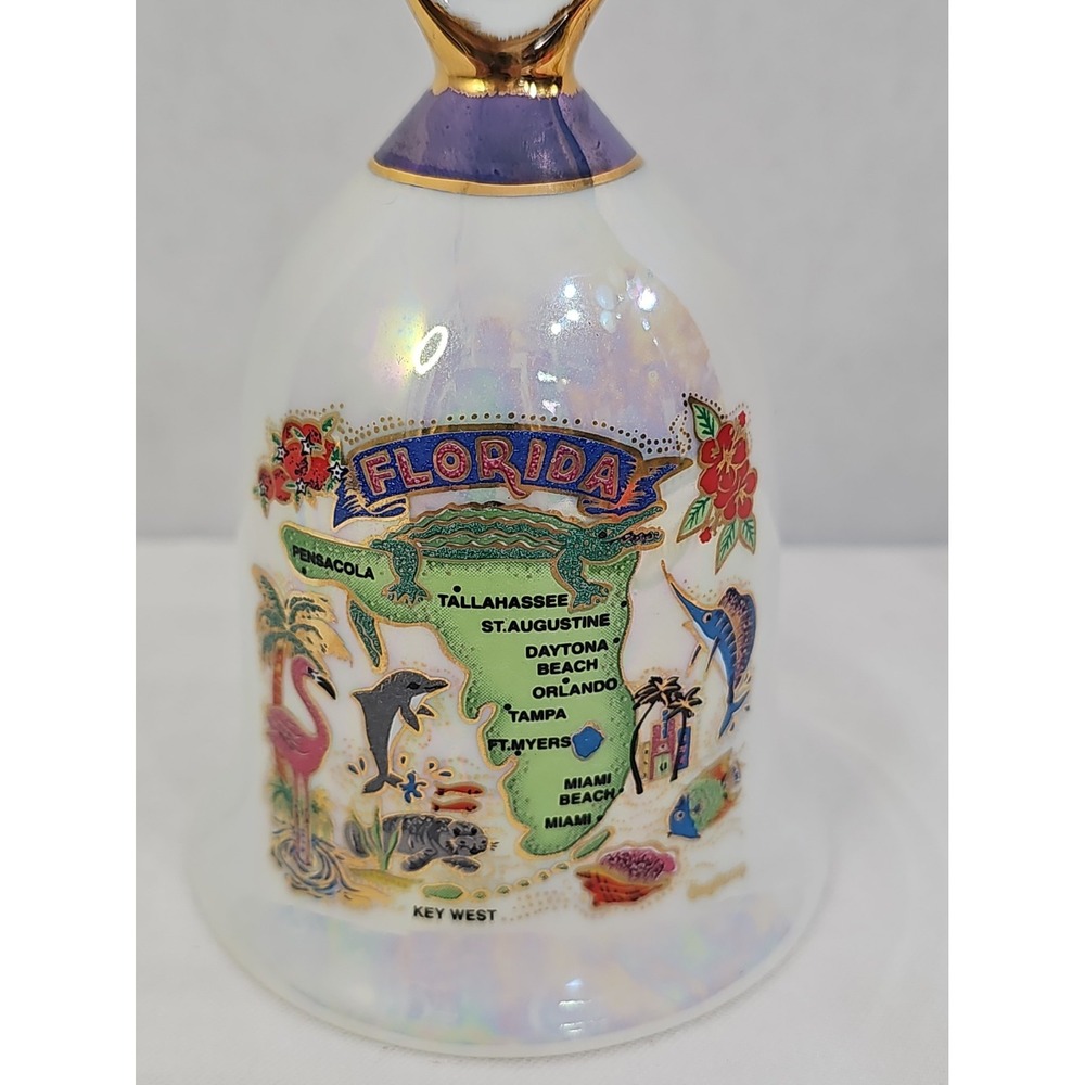 Vintage Florida State Souvenir Bell Iridescent Lusterware Ceramic Map/Dolphin 5" - Picture 2 of 4